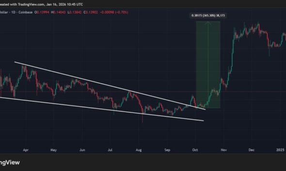 DOGE / USDT 1-day chart, 2021 falling wedge breakout. Source: TradingView.