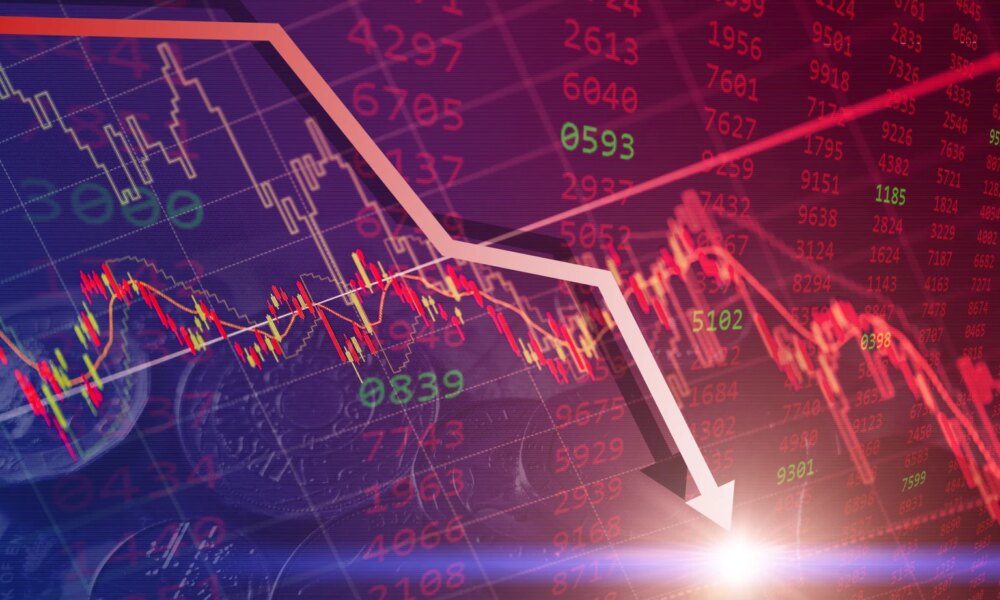 Bearish stock financial, bear market chart falling prices down turn from global economic and financial crisis.