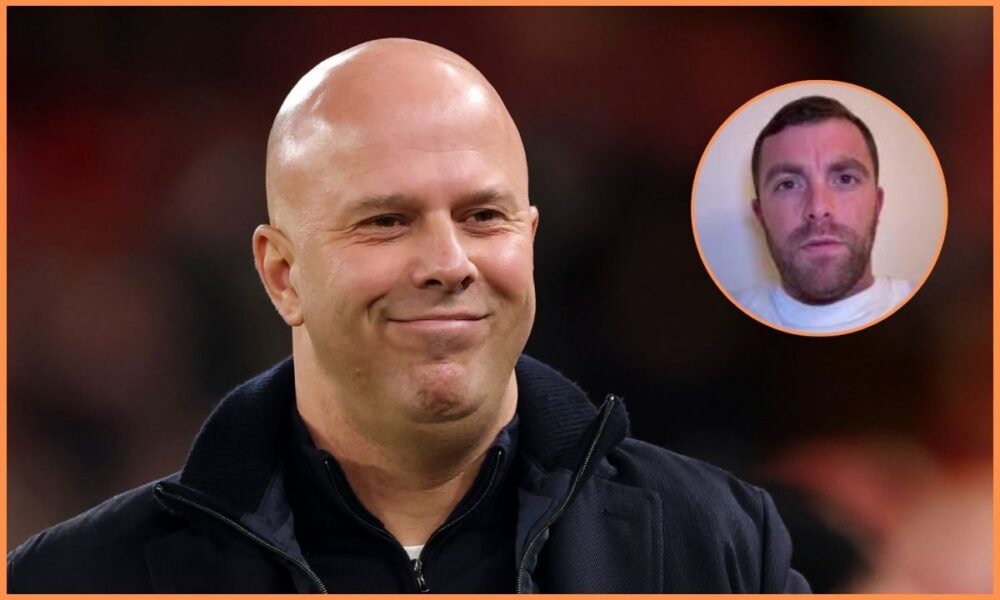 Arne Slot with overlay of Fabrizio Romano