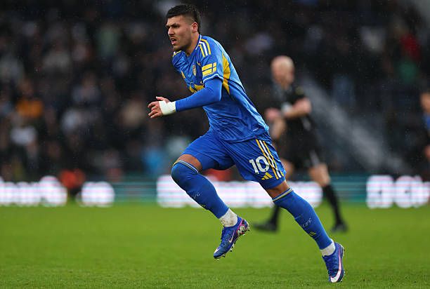 Joel Piroe of Leeds United during the Emirates FA Cup Third Round match between Derby County and Leeds United