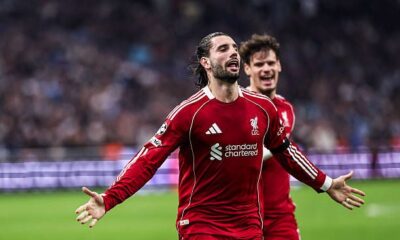 Dominik Szoboszlai celebrates his freekick for Liverpool