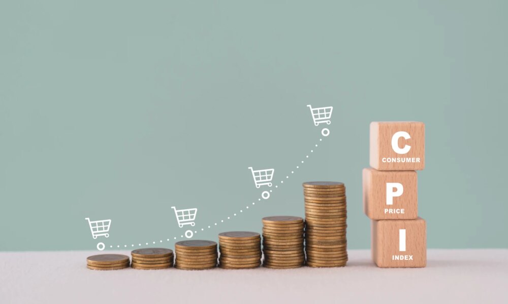 CPI, consumer price index concept. Wooden block with CPI word and stack of coins and increasing graph with shopping cart icon. Goods price inflation and inflation rising. Impact on economic growth