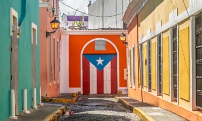 Colorful Street in Old San Juan, Puerto Rico, with Puerto Rican Flag Door