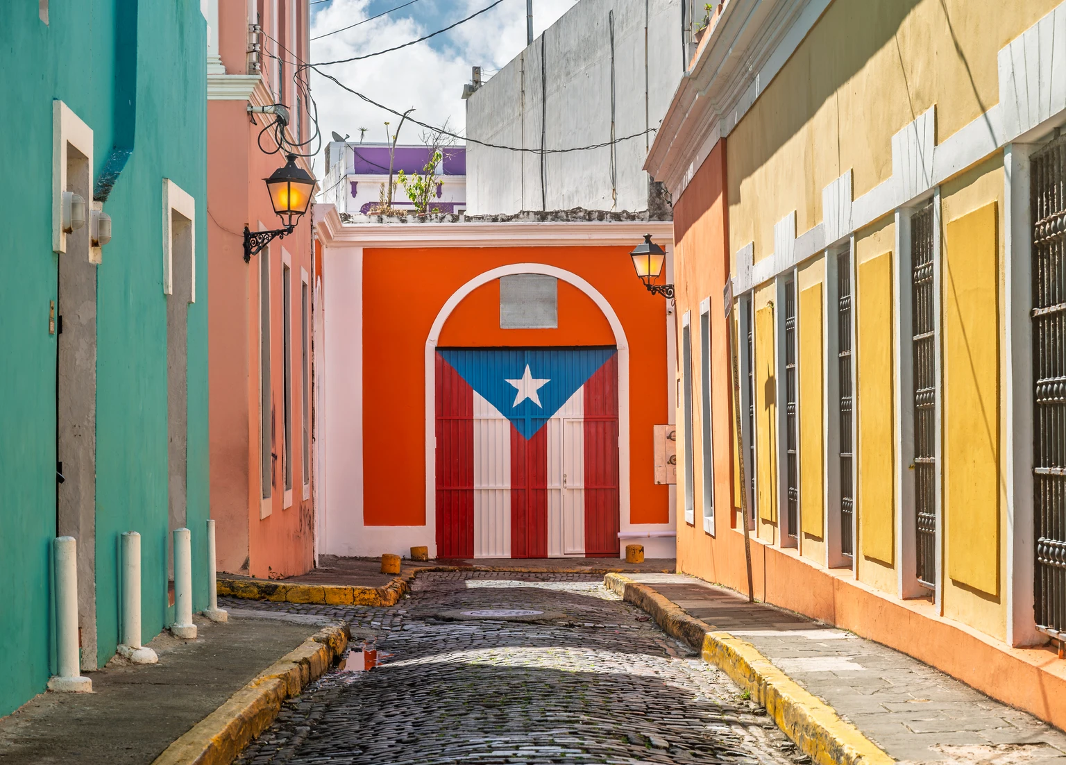 Colorful Street in Old San Juan, Puerto Rico, with Puerto Rican Flag Door