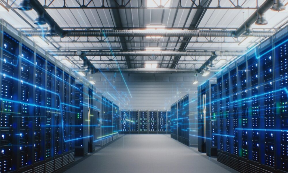 Modern Data Center with Server Racks with VFX Animation of Data Flow, Internet Traffic on Servers