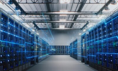 Modern Data Center with Server Racks with VFX Animation of Data Flow, Internet Traffic on Servers
