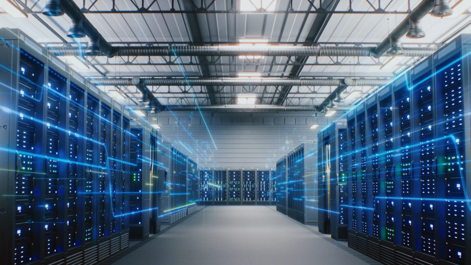 Modern Data Center with Server Racks with VFX Animation of Data Flow, Internet Traffic on Servers