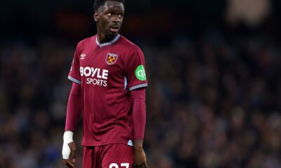 MANCHESTER, ENGLAND - DECEMBER 20: Soungoutou Magassa of West Ham United during the Premier League match between Manchester City and West Ham United at Etihad Stadium on December 20, 2025 in Manchester, England. (Photo by Molly Darlington/Getty Images)