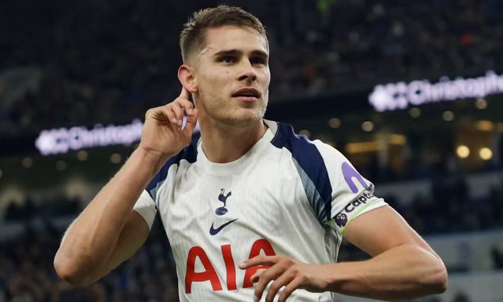 Micky van de Ven celebrating after scoring for Tottenham against Everton in the Premier League