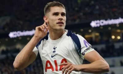 Micky van de Ven celebrating after scoring for Tottenham against Everton in the Premier League