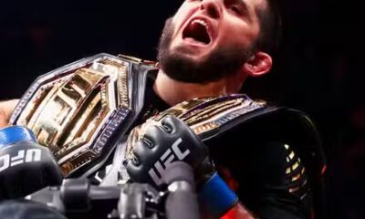 Islam Makhachev celebrates at UFC 322