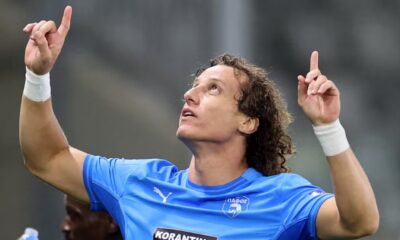 Pafos' David Luiz celebrates scoring against Monaco.