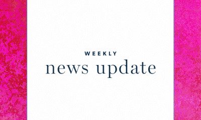 Pink and white graphic reading weekly news update.