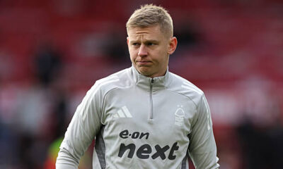 Oleksandr Zinchenko of Nottingham Forest warms up ahead of the Premier League match between Nottingham Forest and Manchester City at City Ground on...