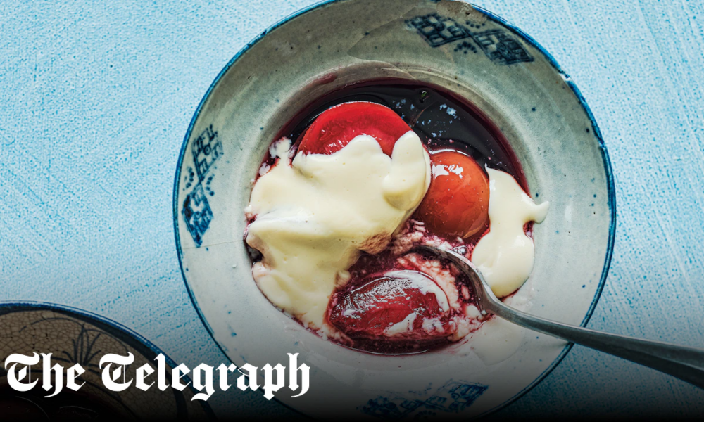 Mulled plums with custard