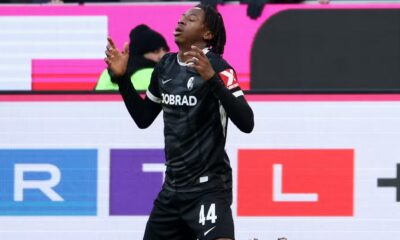 SC Freiburg's Johan Manzambi celebrates scoring their second goal