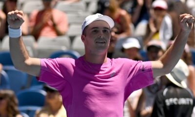 Britain's Arthur Fery celebrates after winning his first round match against Italy's Flavio Cobolli. Pic: Reuters