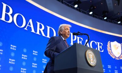 President Donald Trump speaks during a Board of Peace charter announcement in Davos. Pic: AP/Evan Vucci