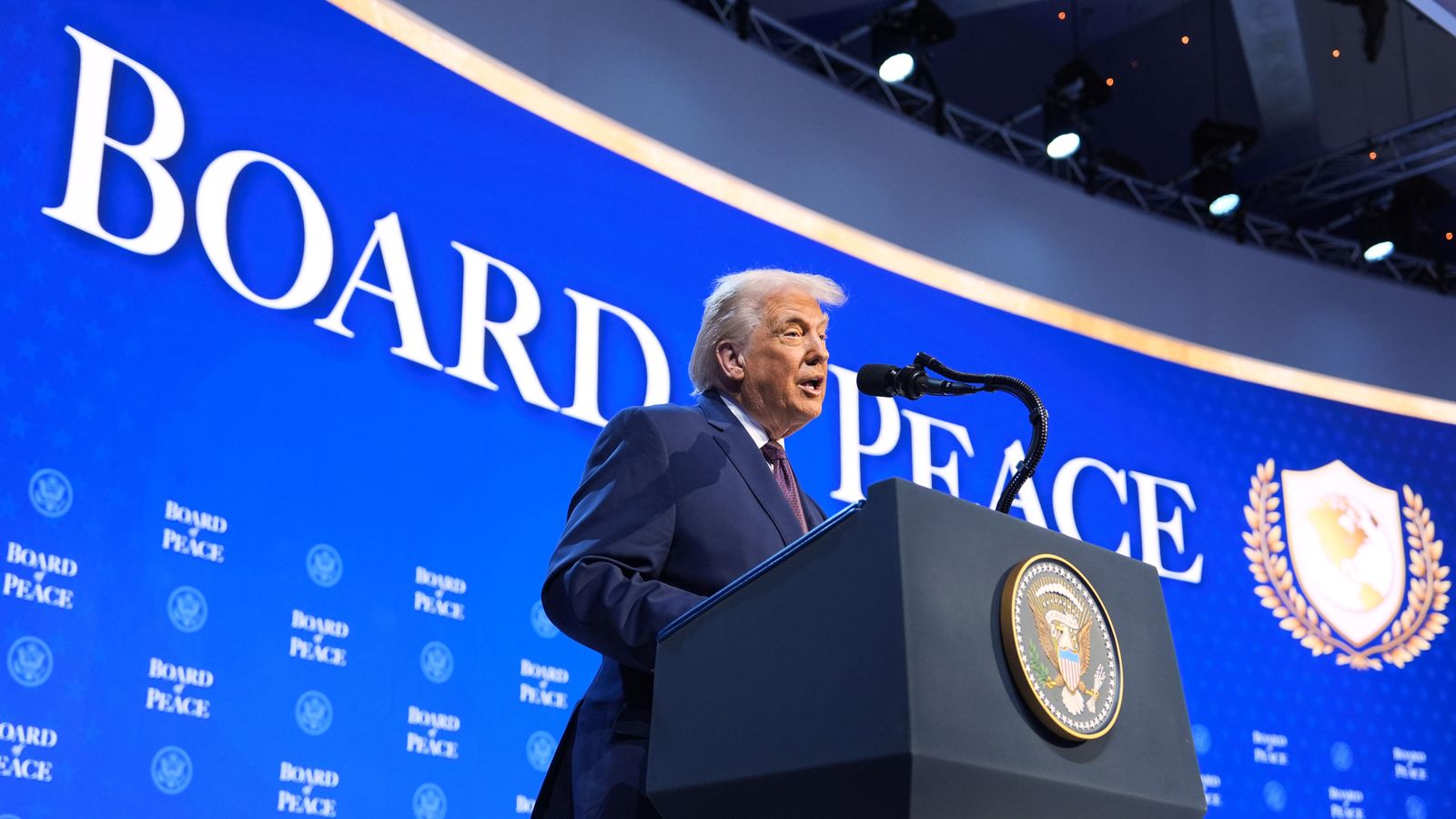 President Donald Trump speaks during a Board of Peace charter announcement in Davos. Pic: AP/Evan Vucci