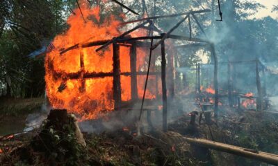 A house on fire in northern Rakhine state, Myanmar, in 2017. File pic: AP
