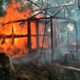 A house on fire in northern Rakhine state, Myanmar, in 2017. File pic: AP