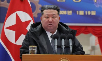 Kim Jong Un speaks at the Ryongsong Machine Complex. Pic: KCNA/Reuters