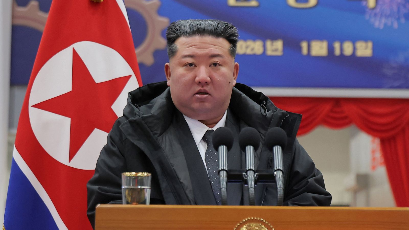 Kim Jong Un speaks at the Ryongsong Machine Complex. Pic: KCNA/Reuters