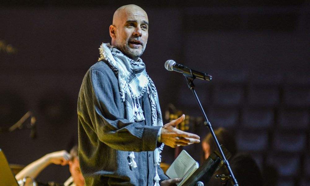 Football coach Pep Guardiola speaking at the rally. Pic: Europa Press/AP