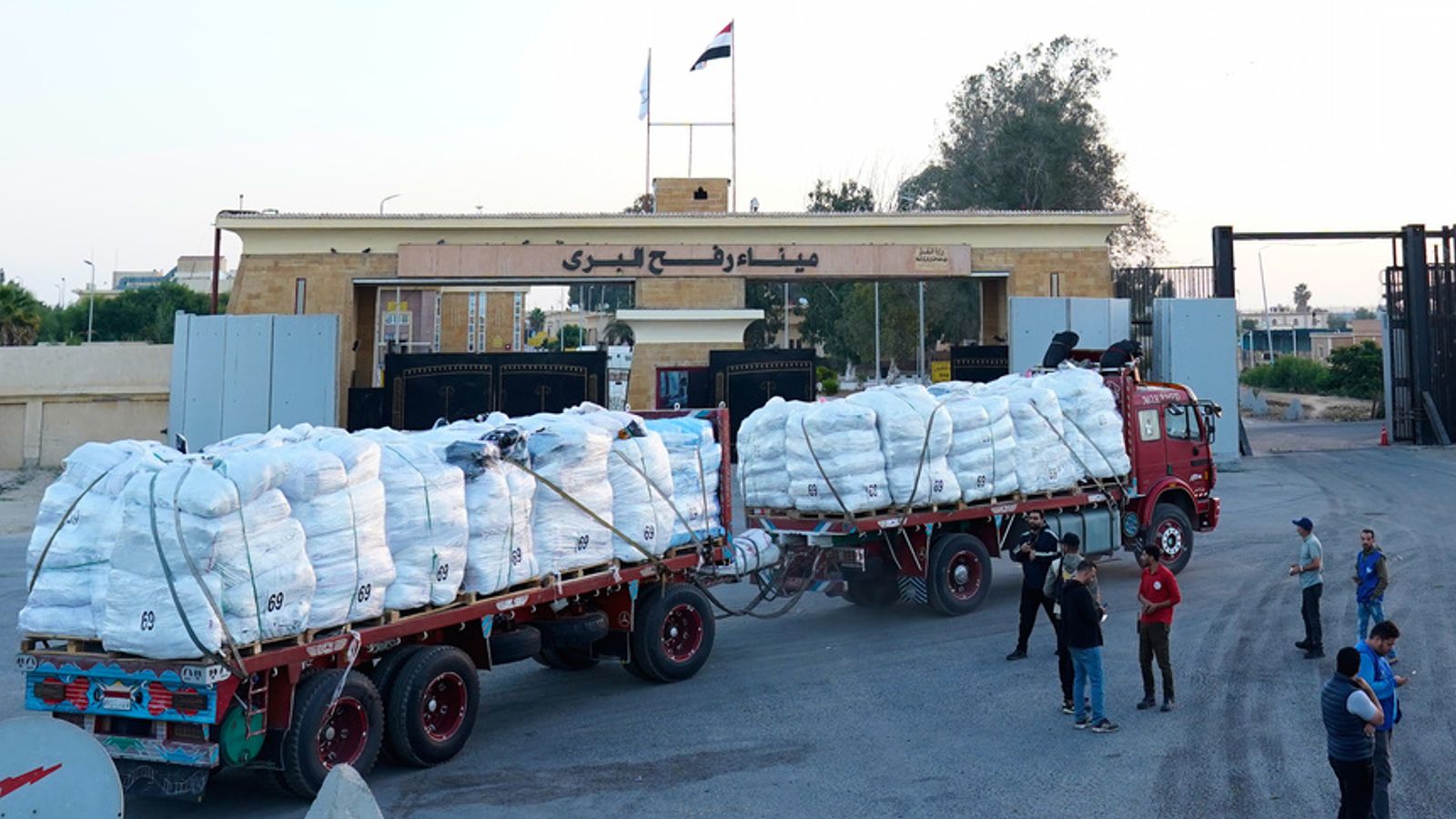 A truck carries aid through the Egyptian gate of the crossing in October. Pic: AP