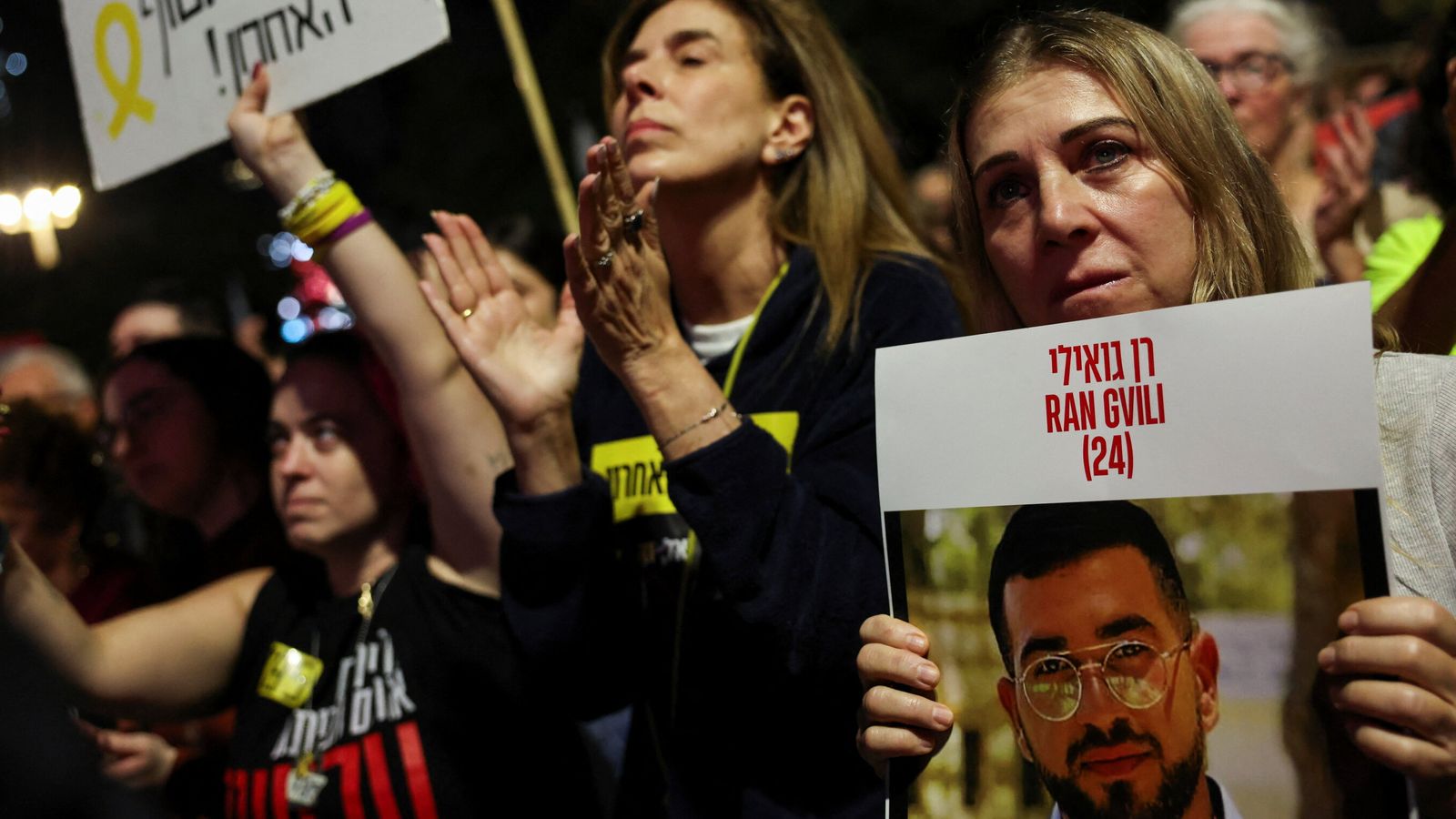 A picture of hostage Ran Gvili is held up during a rally in Tel Aviv last November. Pic: Reuters