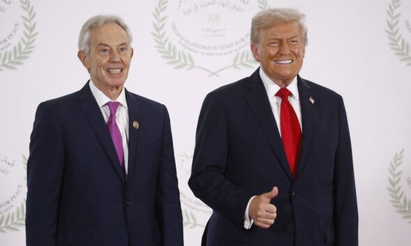 Tony Blair, left, and Donald Trump, right, at an Egyptian summit on ending the Gaza War last year. Pic: Reuters