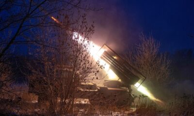 Ukraine fires a Grad missile towards Russian army positions in the Donetsk region. Pic: AP