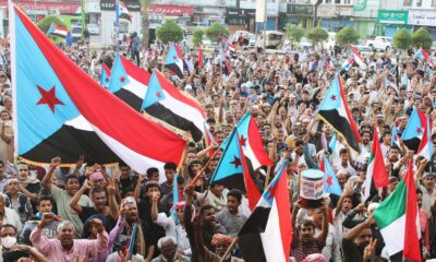 Supporters of the Southern Transitional Council (STC) at a rally in Aden, Yemen, on Friday. Pic: AP