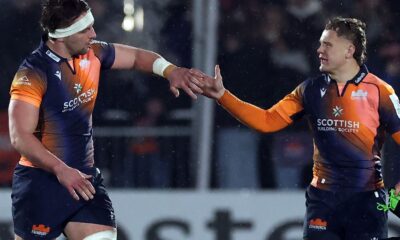 Ben Muncaster and Darcy Graham of Edinburgh Rugby are seen after their side are awarded a penalty try against Gloucester Rugby