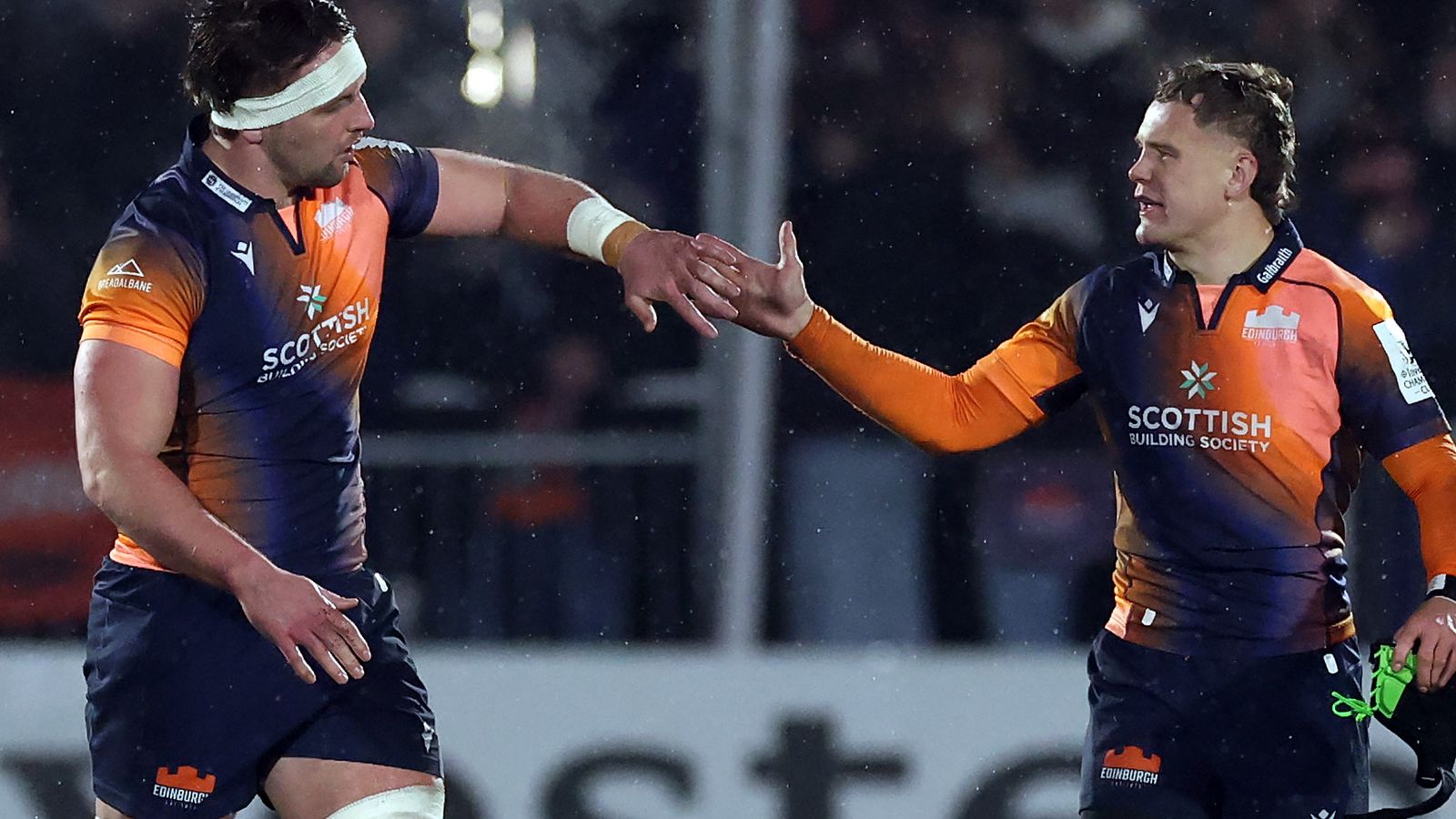 Ben Muncaster and Darcy Graham of Edinburgh Rugby are seen after their side are awarded a penalty try against Gloucester Rugby