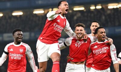Ben White (second from right) celebrates with team-mates after giving Arsenal an early lead against Chelsea in the Carabao Cup semi-final