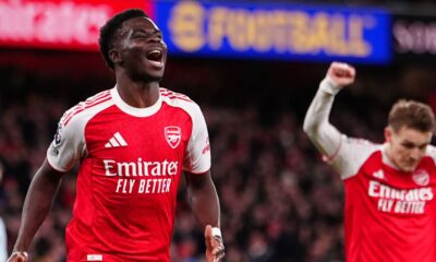 Arsenal's Bukayo Saka celebrates after scoring his sides second goal