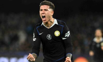 Enzo Fernandez celebrates after converting a penalty to give Chelsea the lead against Napoli