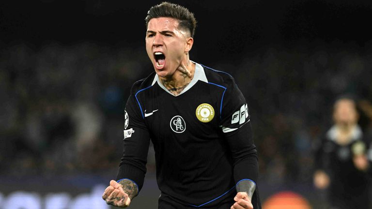 Enzo Fernandez celebrates after converting a penalty to give Chelsea the lead against Napoli