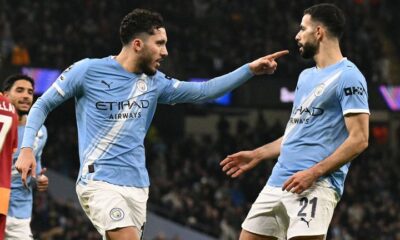 Rayan Cherki celebrates with team-mate Rayan Ait-Nouri after doubling Man City's lead against Galatasaray