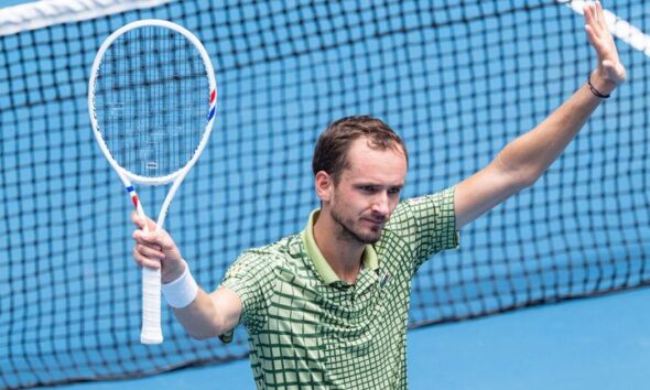 DANIIL MEDVEDEV of the Russian Federation celebrates after defeating JESPER DE JONG of the Netherlands on Margaret Court Arena in a Men's Si