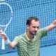 DANIIL MEDVEDEV of the Russian Federation celebrates after defeating JESPER DE JONG of the Netherlands on Margaret Court Arena in a Men's Si