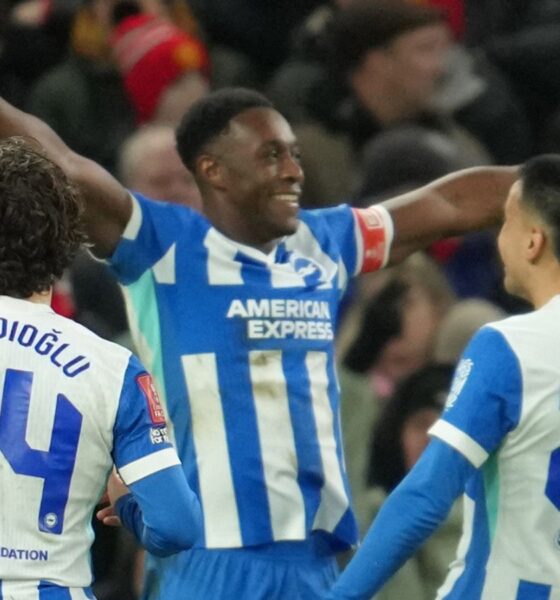 Danny Welbeck celebrates after doubling Brighton's lead against Manchester United