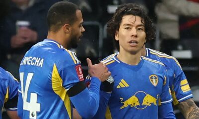Ao Tanaka is congratulated after giving Leeds a 2-1 advantage against Derby