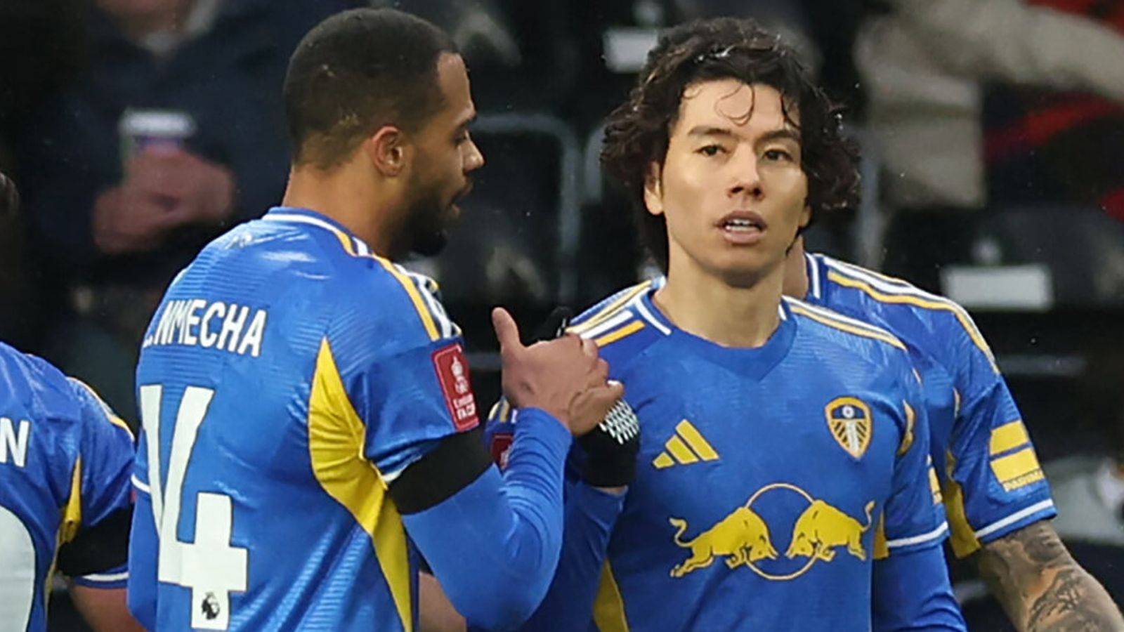 Ao Tanaka is congratulated after giving Leeds a 2-1 advantage against Derby