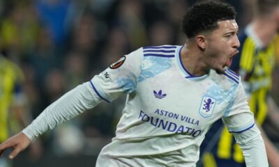 Aston Villa's Jadon Sancho celebrates opening the scoring against Fenerbahce
