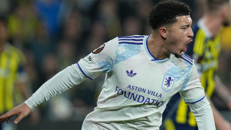 Aston Villa's Jadon Sancho celebrates opening the scoring against Fenerbahce