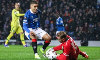 Rangers' Max Aarons' is denied by Ludogorets' Hendrik Bonmann