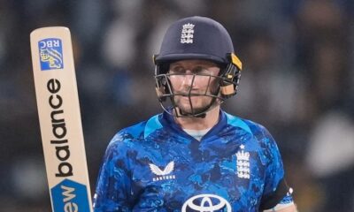 England's Joe Root celebrates his fifty runs during the first ODI cricket match between England and Sri Lanka in Colombo, Sri Lanka, Thursday, Jan. 22, 2026. (AP Photo/Eranga Jayawardena)