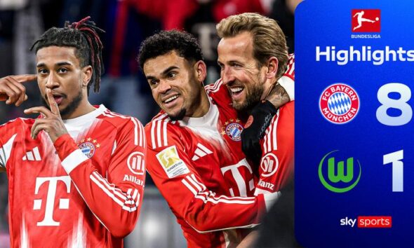 Bayern Munich's Harry Kane, Luis Diaz and Michael Olise